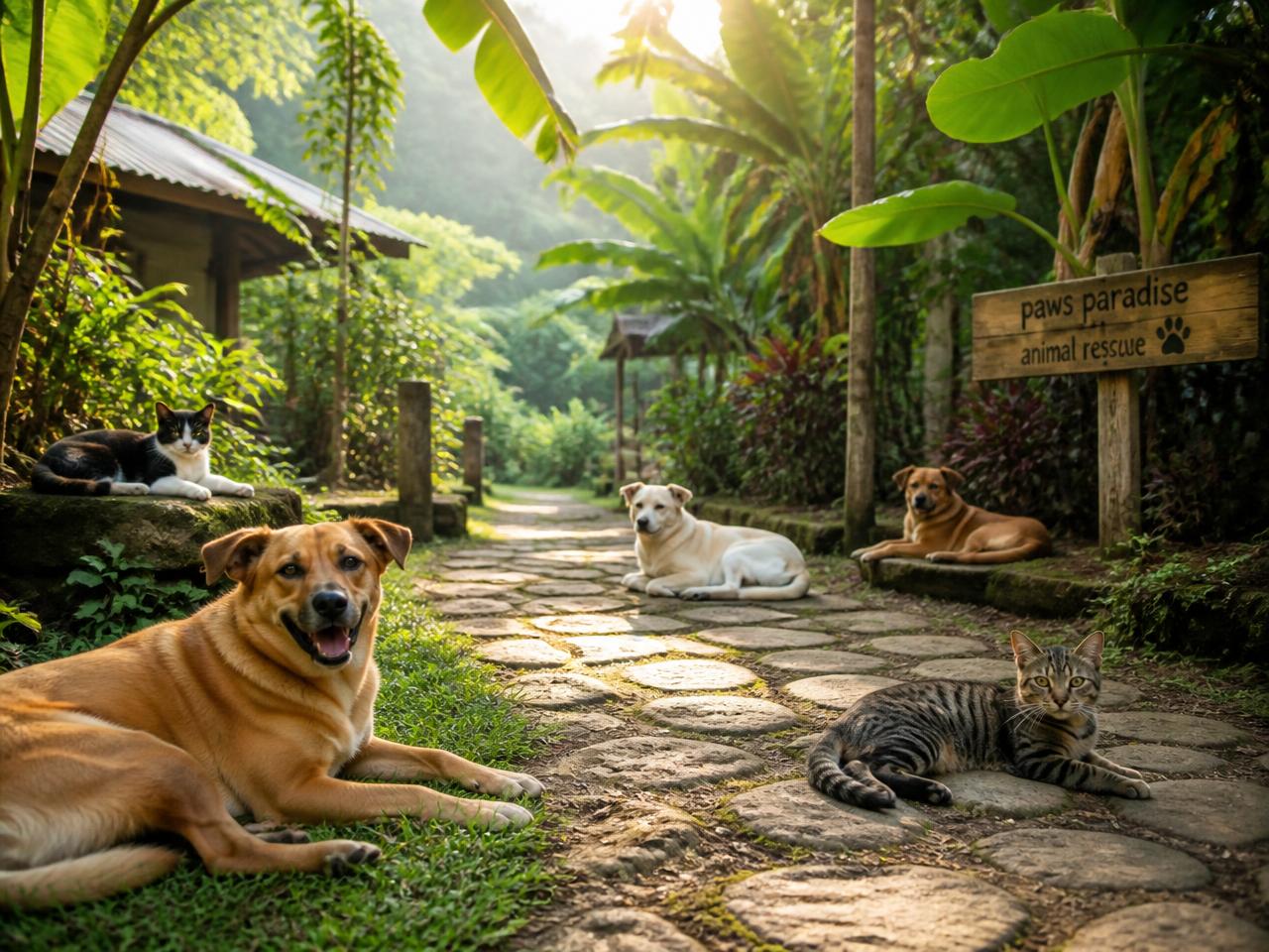 Rescued dogs and cats resting in the sanctuary's tropical garden
