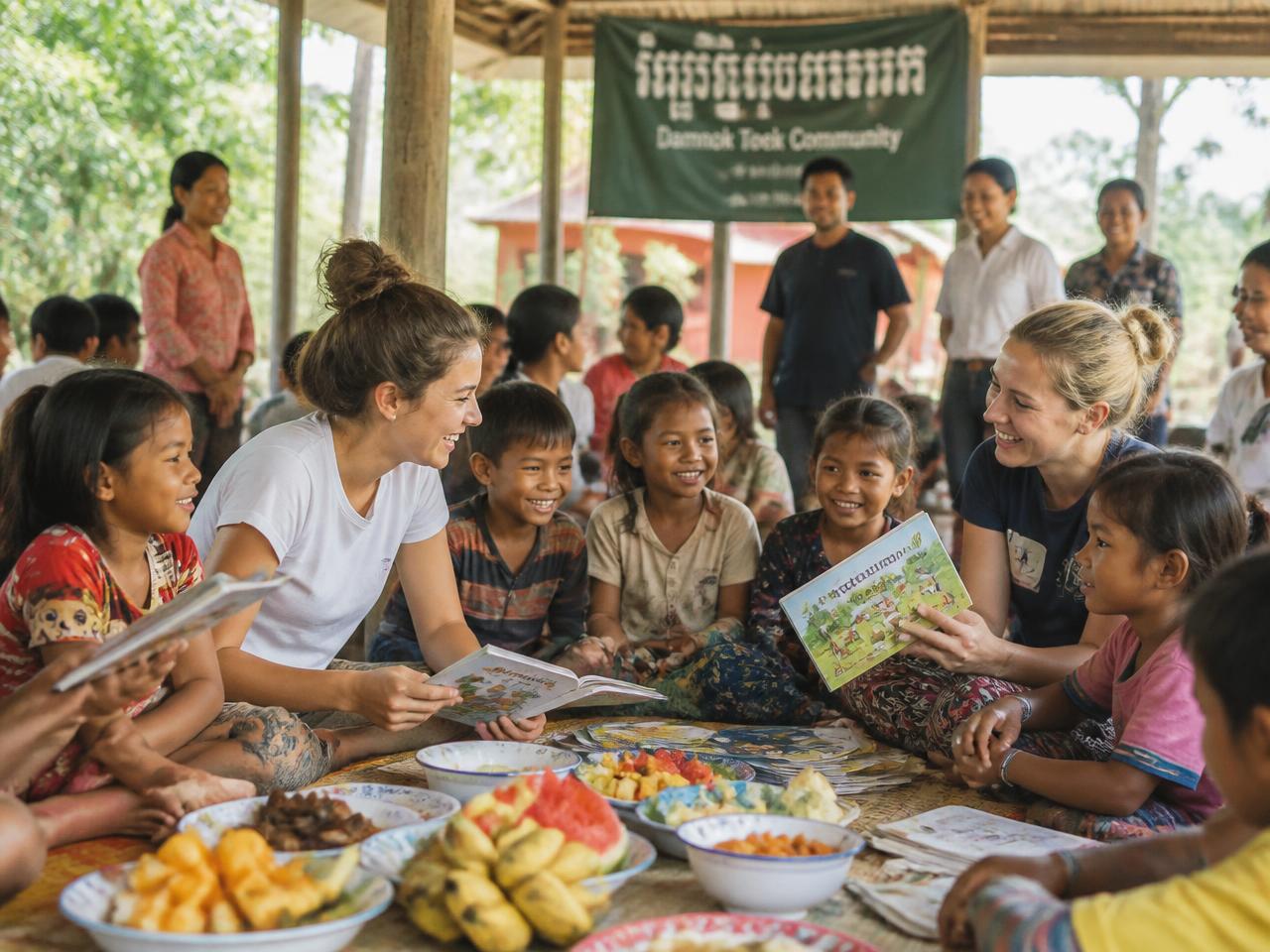 Volunteers and Cambodian children sharing books and food at a community gathering