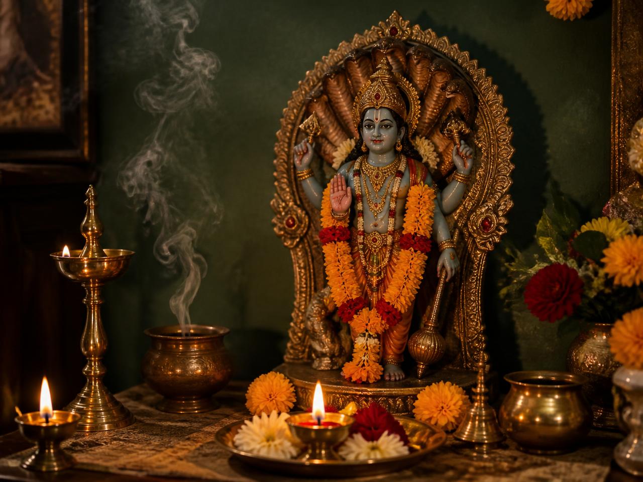 Home shrine with a Mahavishnu deity, marigold garlands and brass oil lamps